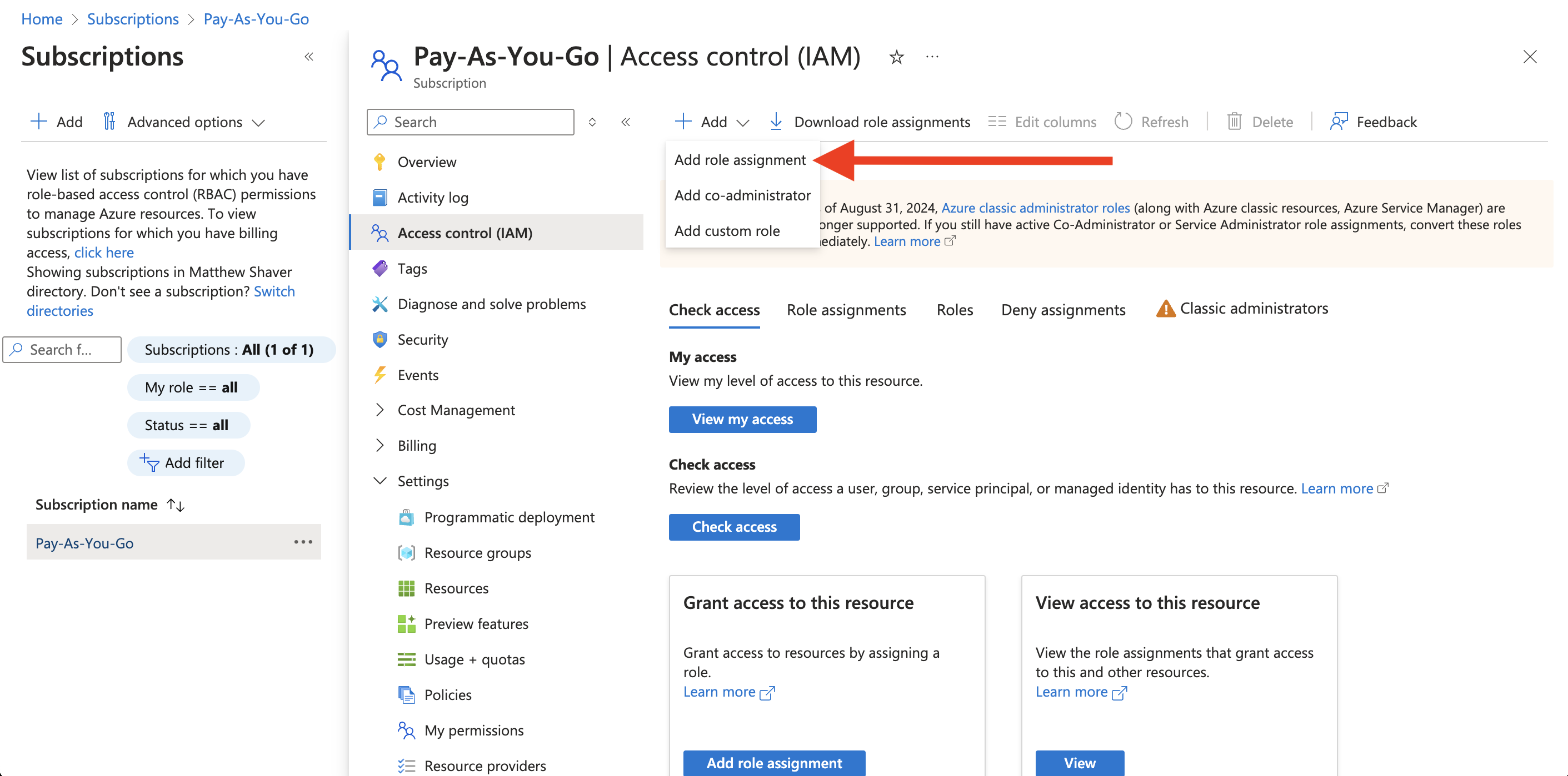 The 'Access control (IAM)' window in the 'Subscriptions' section of Azure.